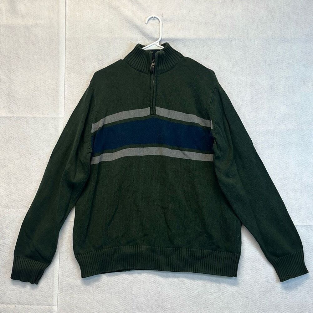 EDDIE BAUER Sweater Men's XL Green Blue Colorblock 1/4 Zip Cotton Knit Pullover‎